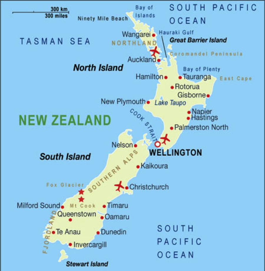 Map of New Zealand airports: airports location and international ...