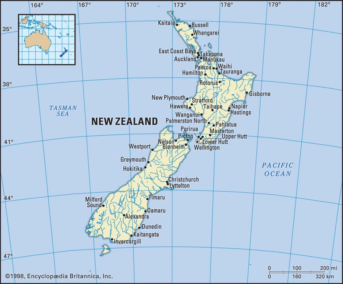 Map of New Zealand with main cities