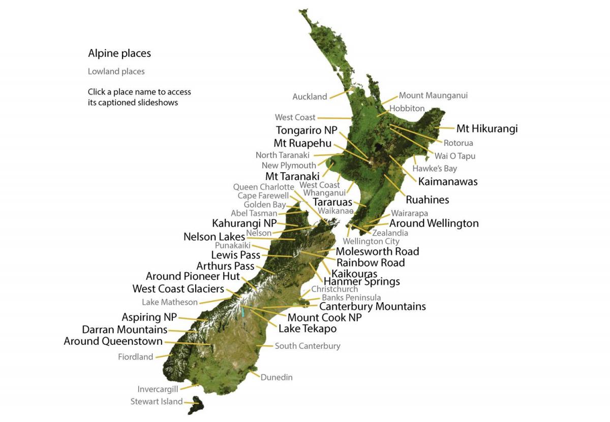 Mountains in New Zealand map